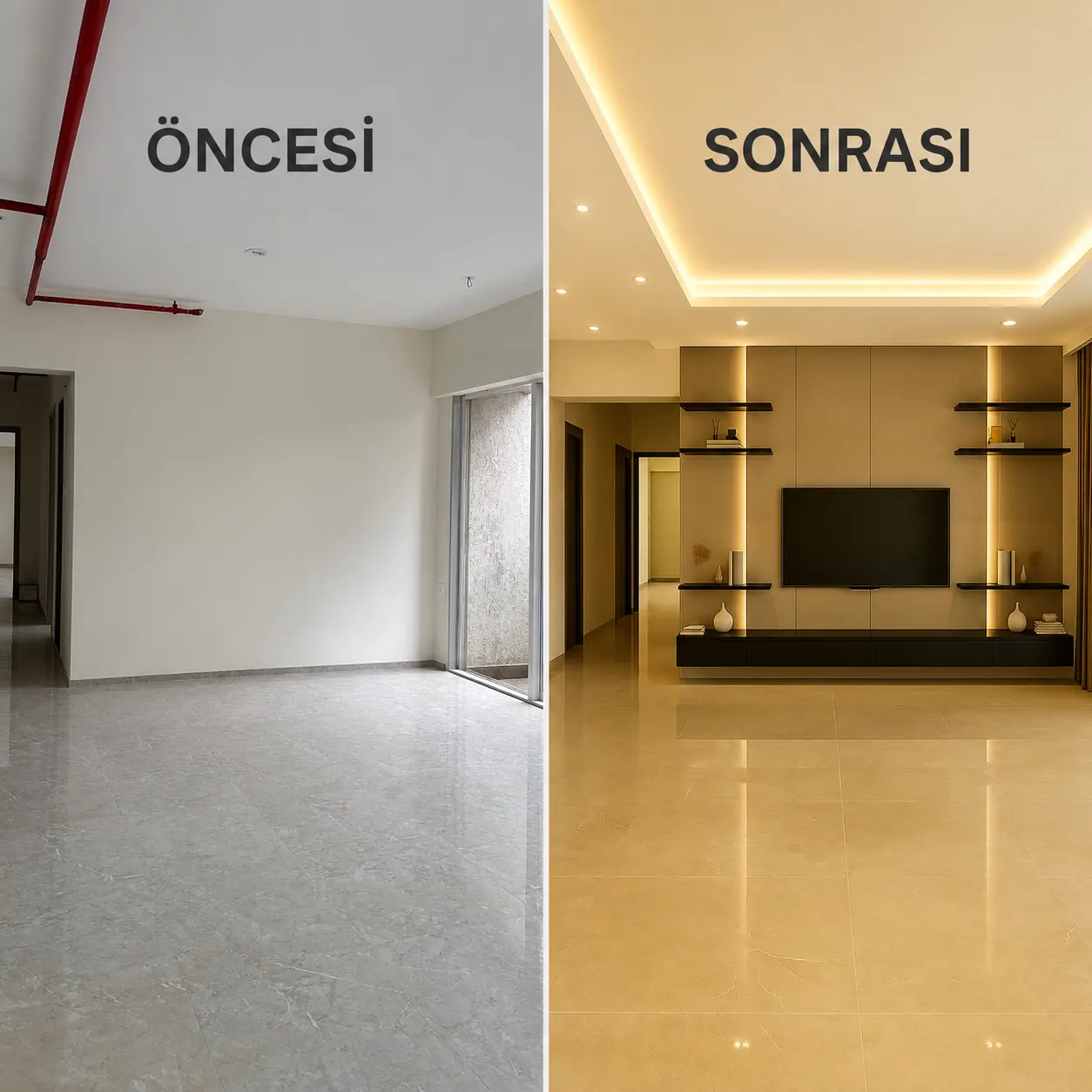 Salon TV ünitesi ve aydınlatma dönüşümü